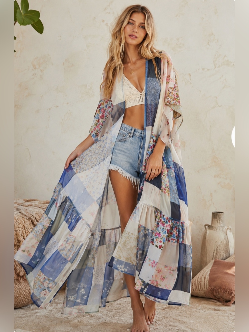 175.Multcolor patchwork oversized kimono cardigan
